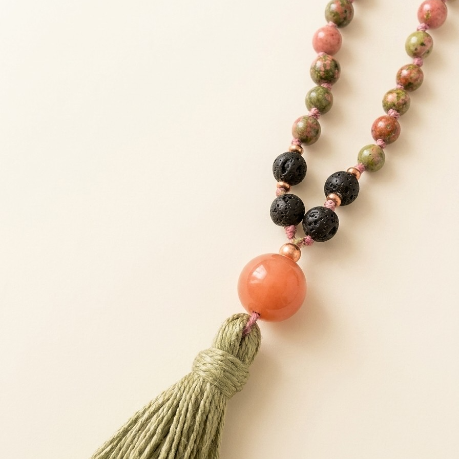 Mala da meditazione artigianale in Pietra Lavica, Rodonite e Unakite, Pietra Guru in Pietra di Luna Pesca con Olio Essenziale – 108 perle
