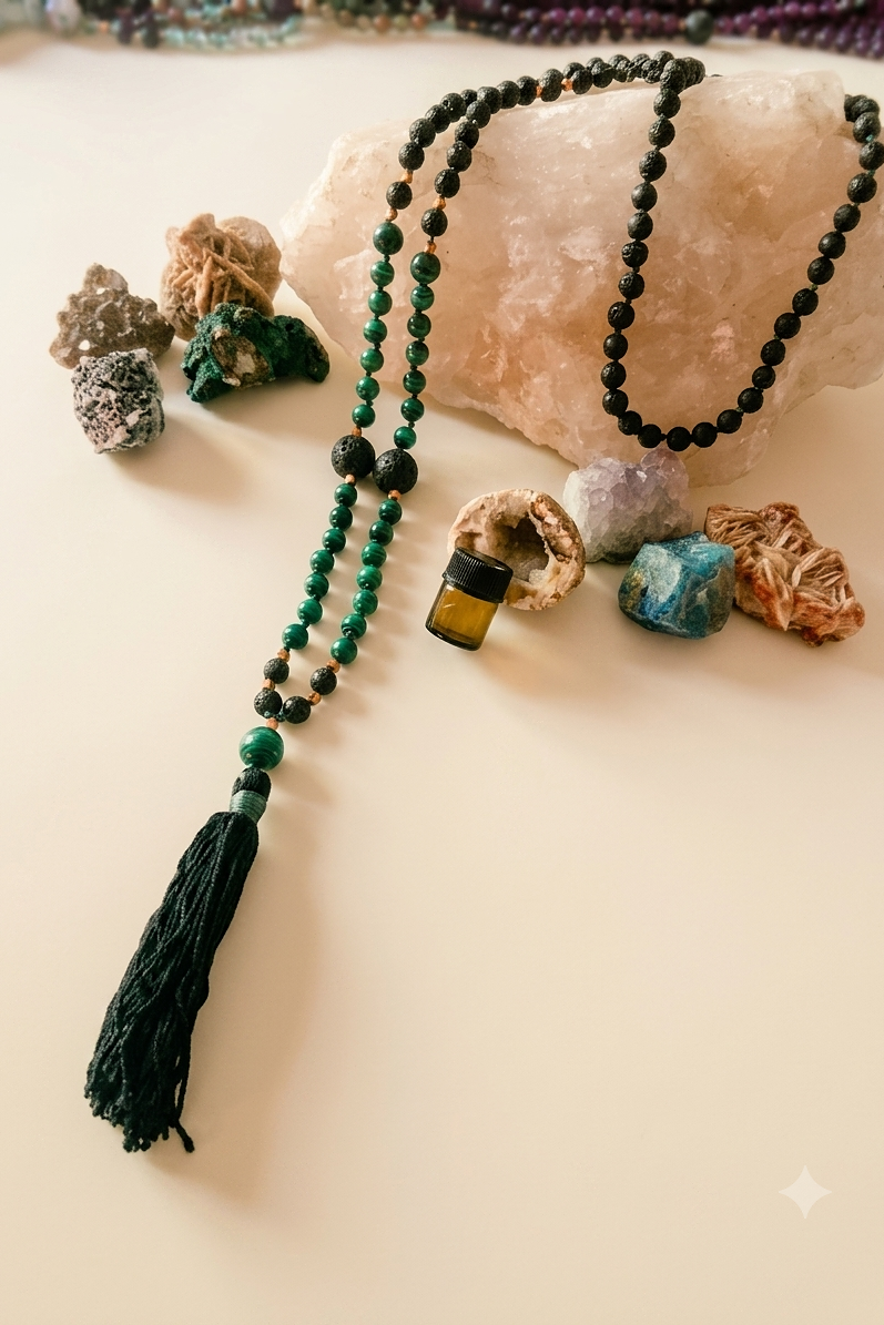 Mala da meditazione artigianale in Pietra Lavica e Malachite con Olio Essenziale – 108 perle