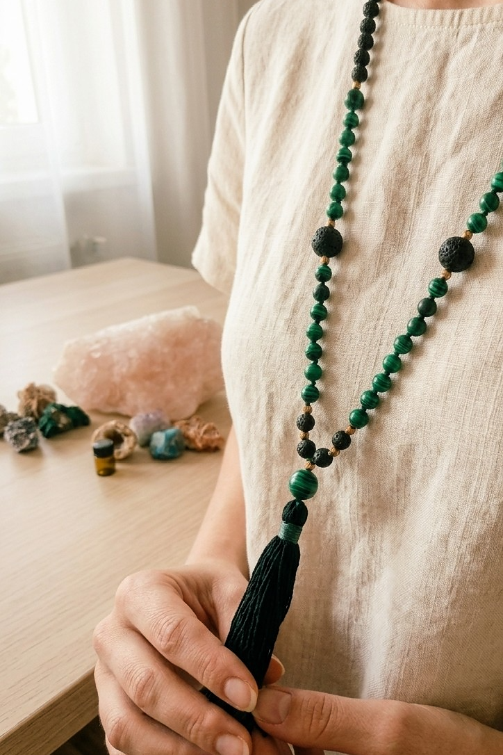 Mala da meditazione artigianale in Pietra Lavica e Malachite con Olio Essenziale – 108 perle