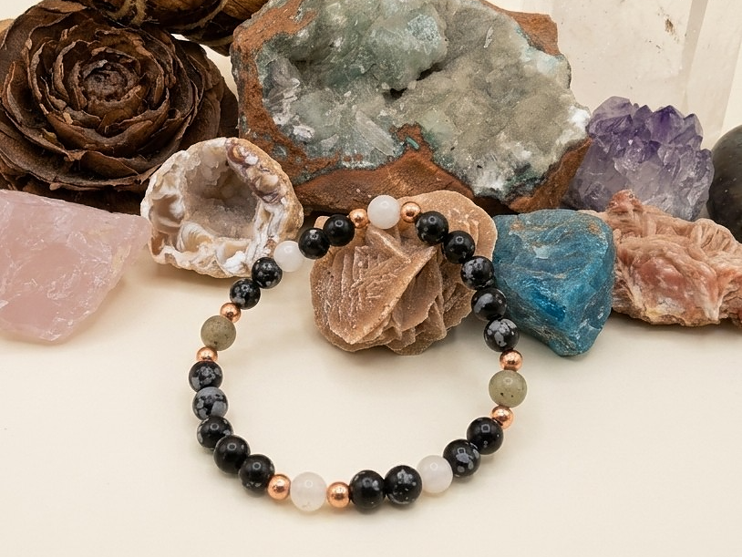 Bracciale in Ossidiana Fiocco di Neve, Labradorite Bianca e Labradorite – Perle naturali da 6 mm
