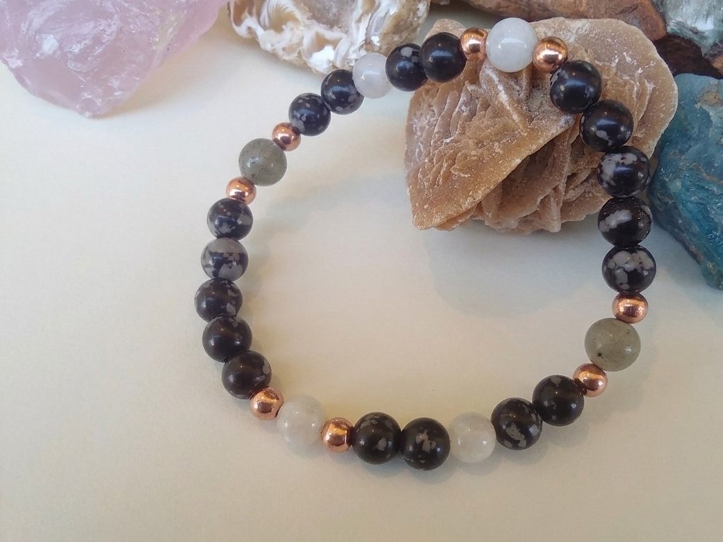 Bracciale in Ossidiana Fiocco di Neve, Labradorite Bianca e Labradorite – Perle naturali da 6 mm