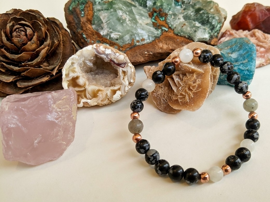 Bracciale in Ossidiana Fiocco di Neve, Labradorite Bianca e Labradorite – Perle naturali da 6 mm