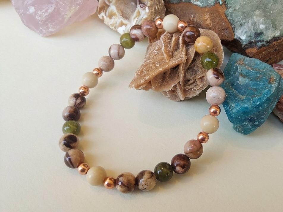 Bracciale in Diaspro Zebra Marrone e Diaspro Verde – Perle naturali da 6 mm