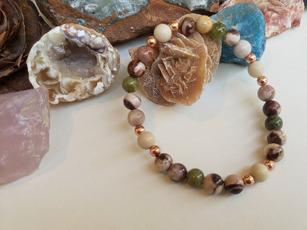 Bracciale in Diaspro Zebra Marrone e Diaspro Verde – Perle naturali da 6 mm