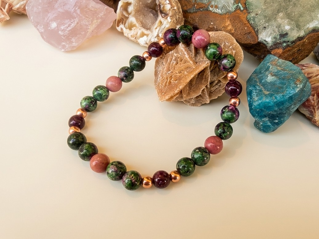 Bracciale in Ruby Zoisite, Granato Almandino e Rodonite – Perle naturali da 6 mm