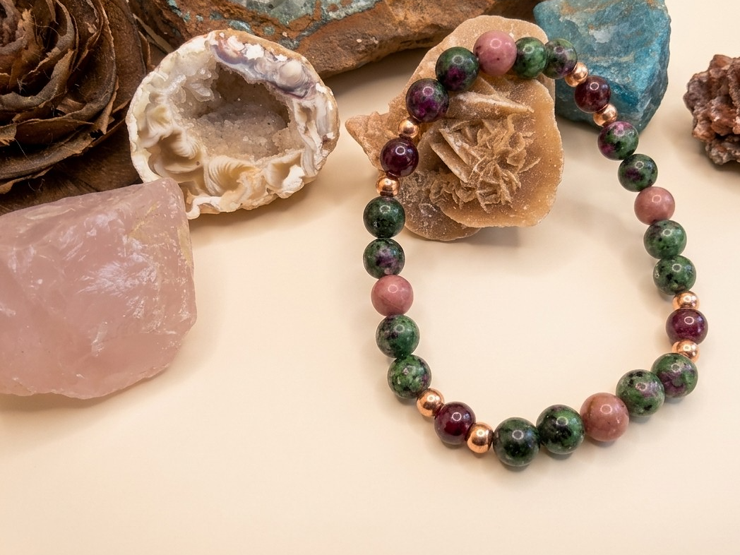 Bracciale in Ruby Zoisite, Granato Almandino e Rodonite – Perle naturali da 6 mm