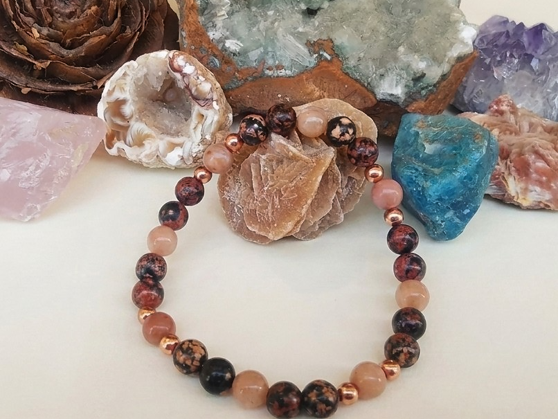 Bracciale in Ossidiana Fiocco di Neve Rossa, Rodonite e Pietra di Luna Pesca – Perle naturali da 6 mm