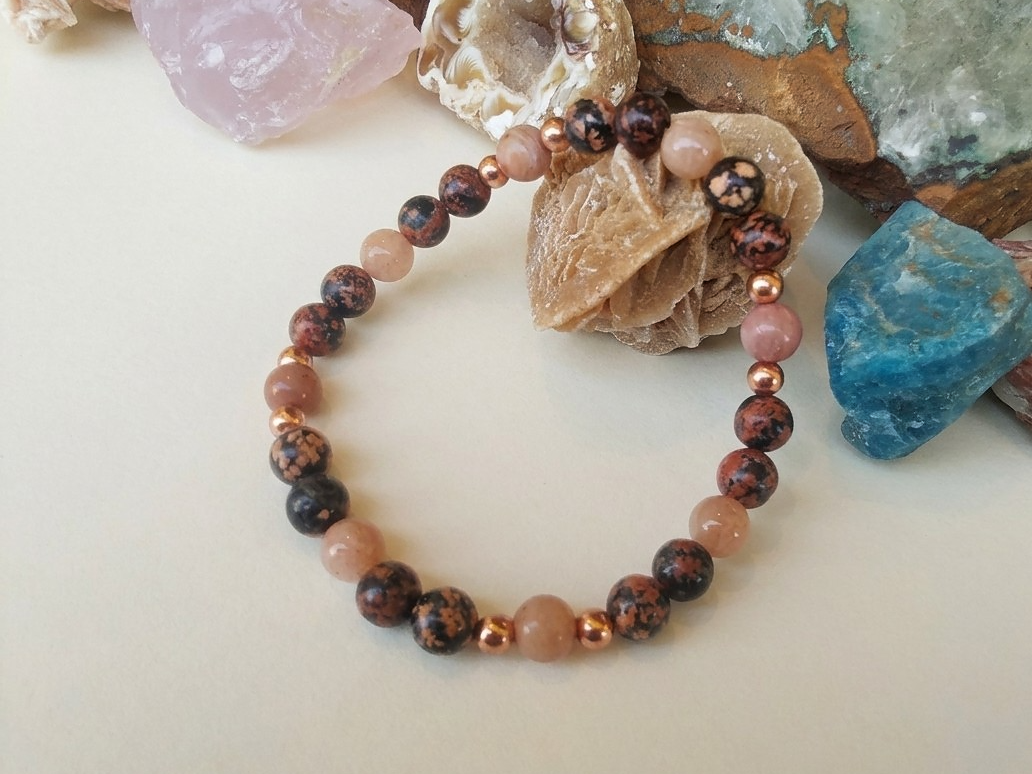 Bracciale in Ossidiana Fiocco di Neve Rossa, Rodonite e Pietra di Luna Pesca – Perle naturali da 6 mm