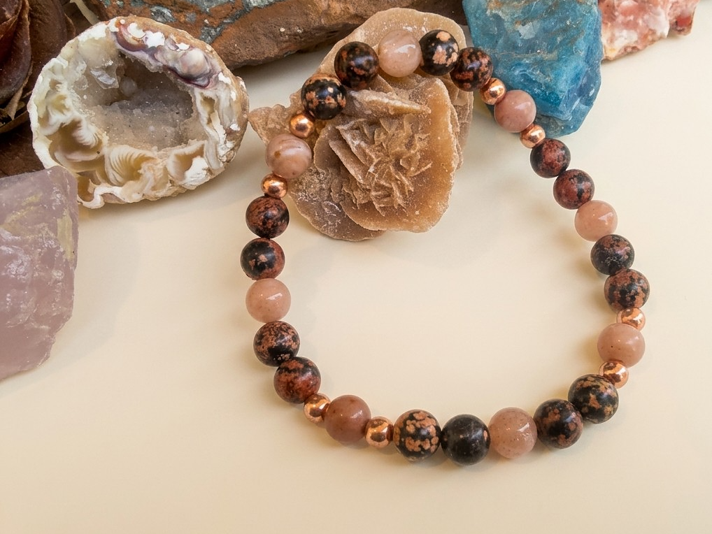 Bracciale in Ossidiana Fiocco di Neve Rossa, Rodonite e Pietra di Luna Pesca – Perle naturali da 6 mm