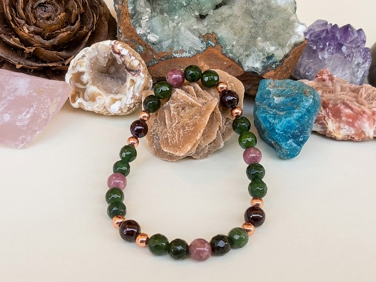 Bracciale in Nefrite, Lepidolite e Granato – Perle naturali da 6 mm
