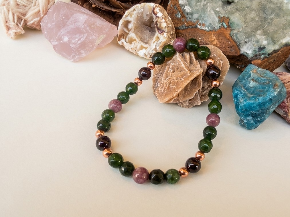 Bracciale in Nefrite, Lepidolite e Granato – Perle naturali da 6 mm