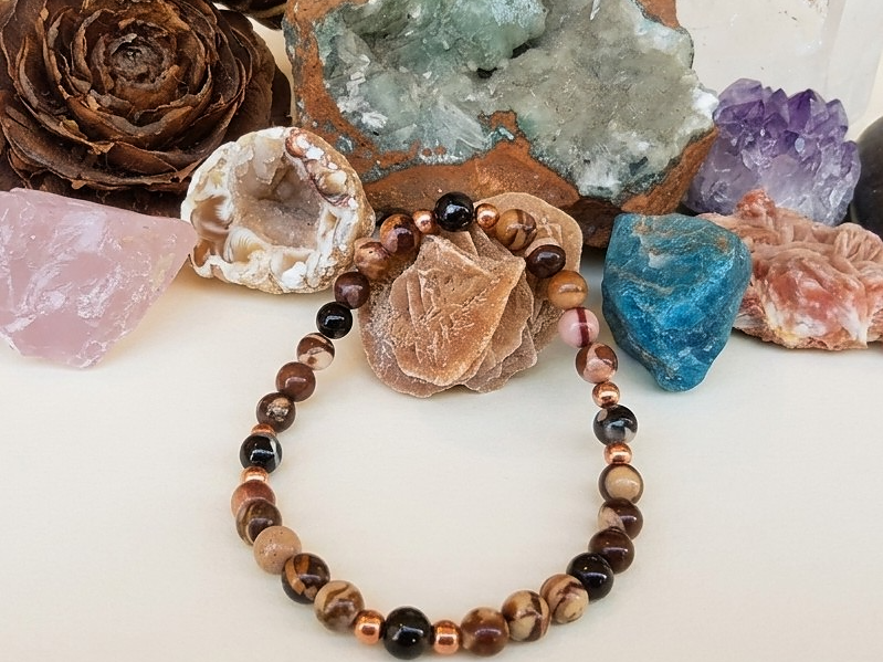 Bracciale in Diaspro Zebra Marrone e Agata Bianca e Nera – Perle naturali da 6 mm