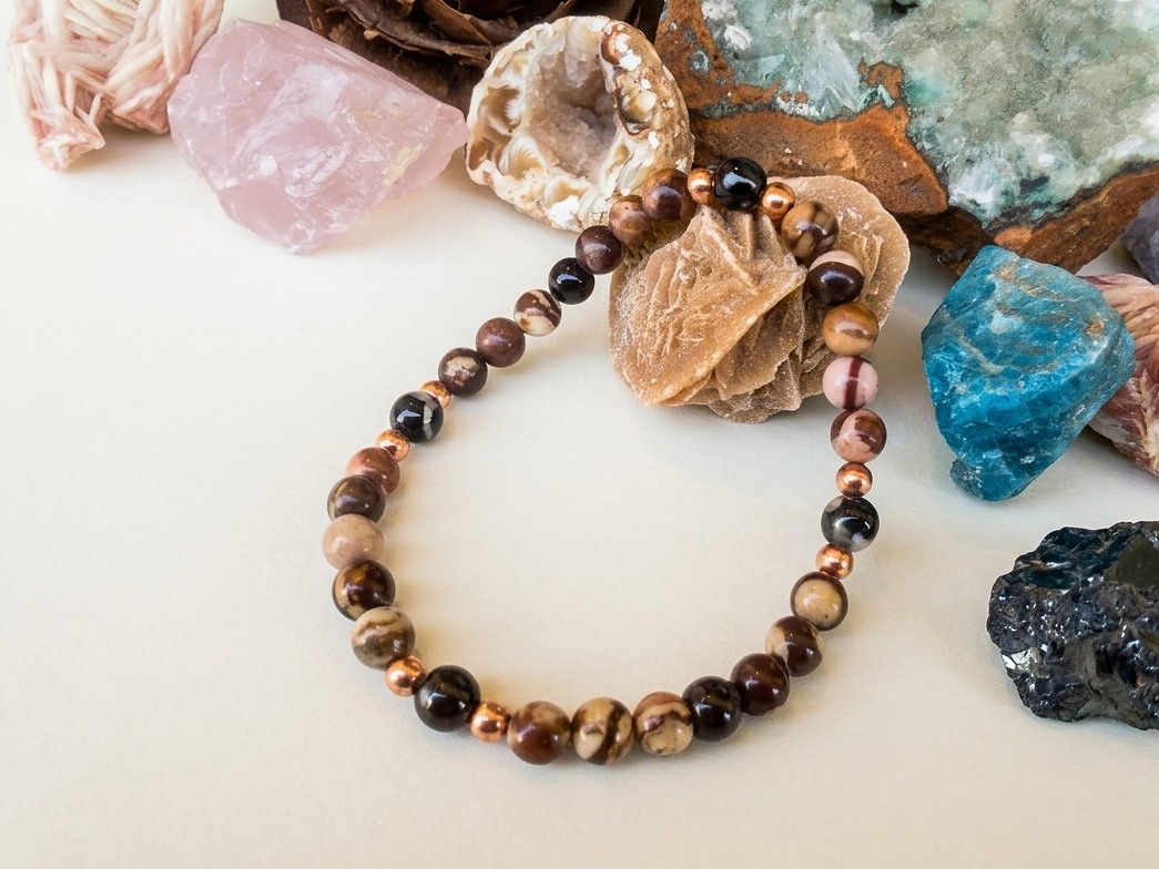 Bracciale in Diaspro Zebra Marrone e Agata Bianca e Nera – Perle naturali da 6 mm