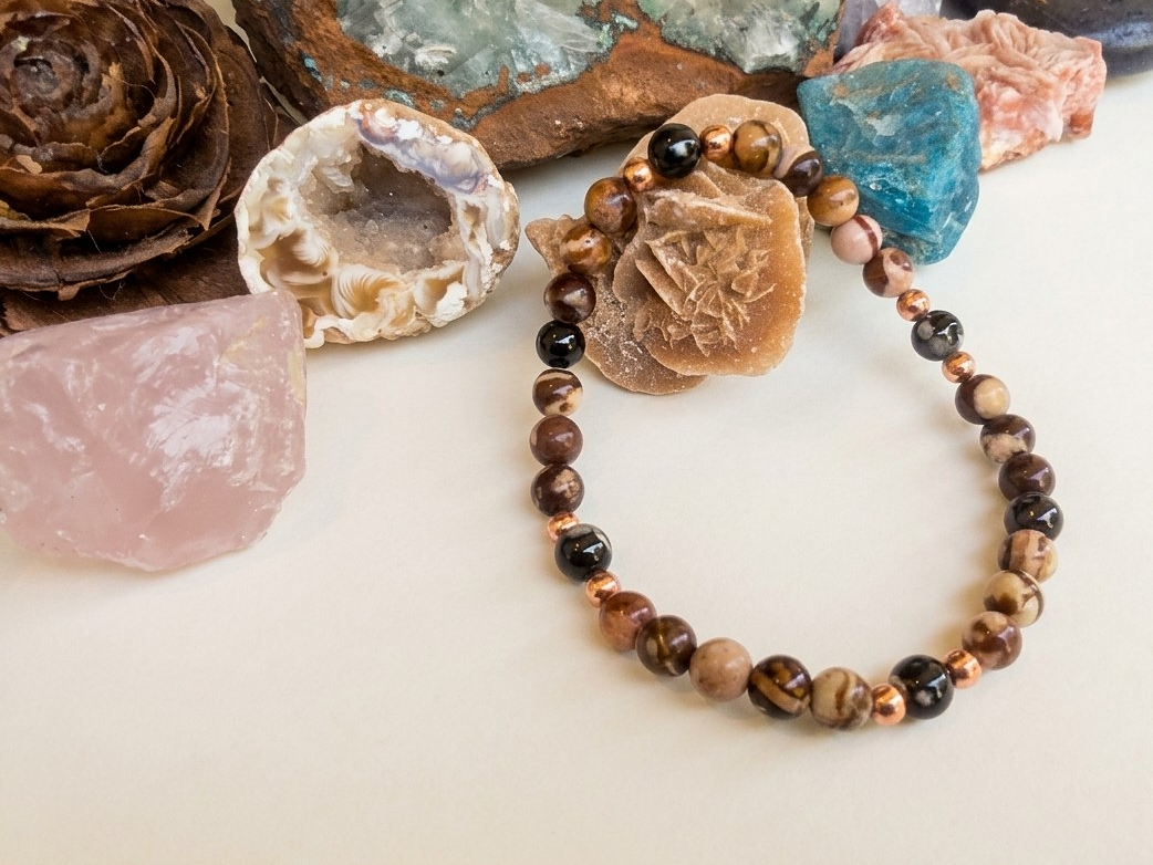 Bracciale in Diaspro Zebra Marrone e Agata Bianca e Nera – Perle naturali da 6 mm