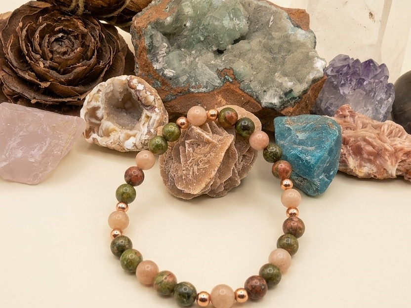 Bracciale in Pietra di Luna Pesca e Unakite – Perle naturali da 6 mm