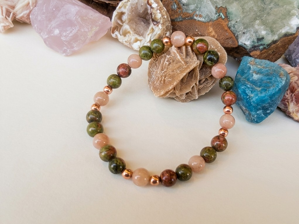 Bracciale in Pietra di Luna Pesca e Unakite – Perle naturali da 6 mm
