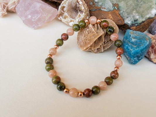 Bracciale in Pietra di Luna Pesca e Unakite – Perle naturali da 6 mm