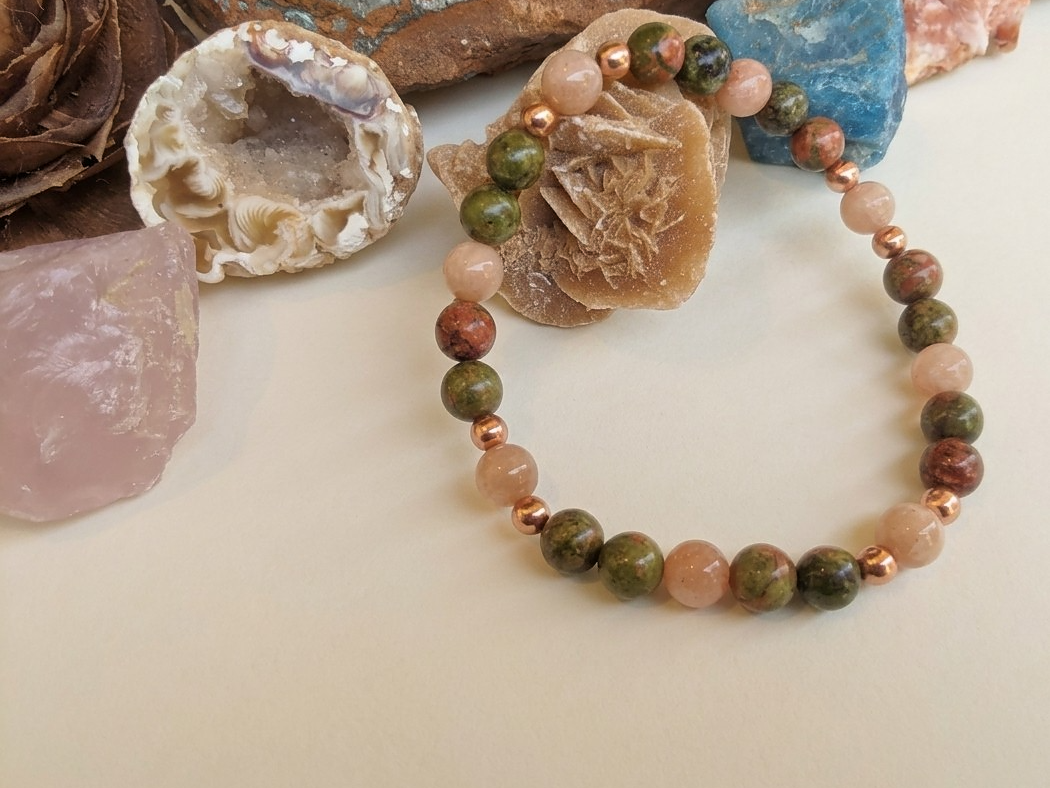 Bracciale in Pietra di Luna Pesca e Unakite – Perle naturali da 6 mm