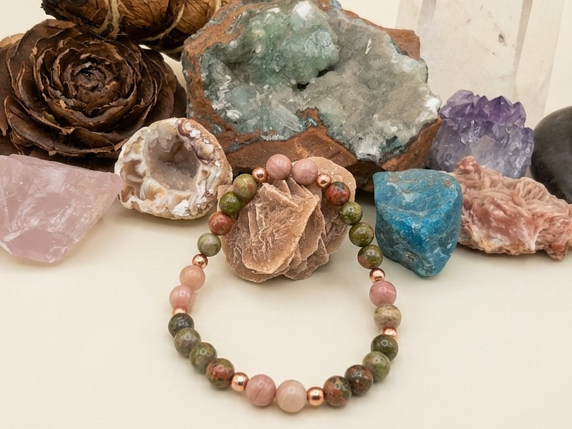 Bracciale in Rodonite e Unakite – Perle naturali da 6 mm