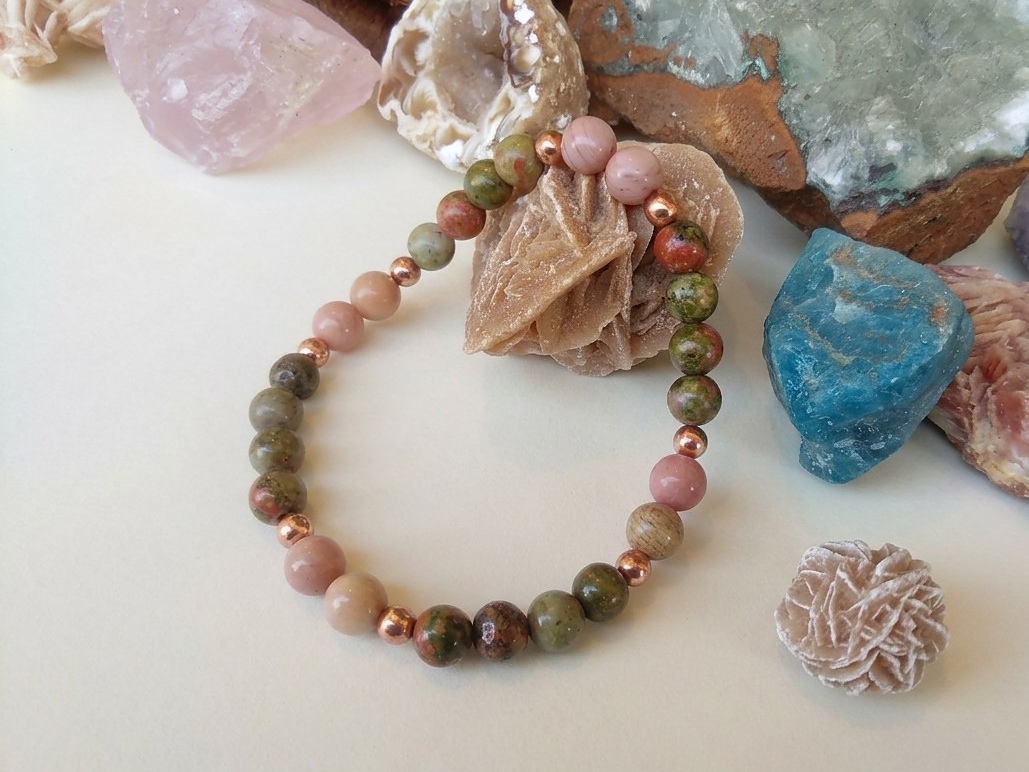 Bracciale in Rodonite e Unakite – Perle naturali da 6 mm