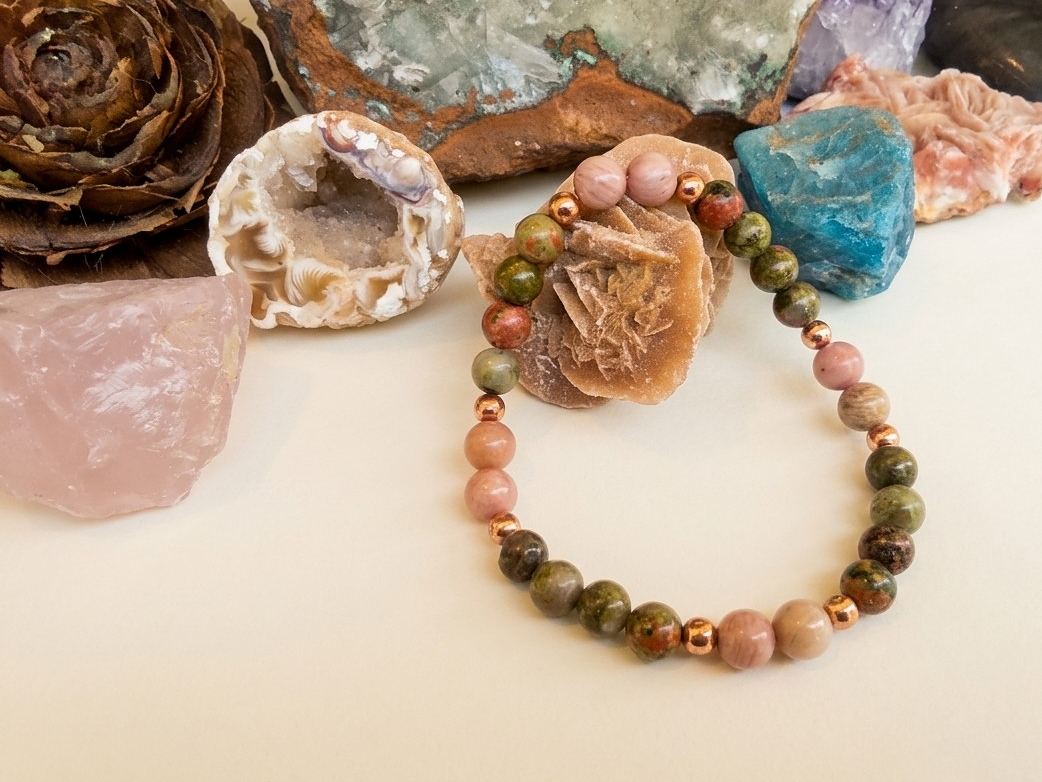 Bracciale in Rodonite e Unakite – Perle naturali da 6 mm
