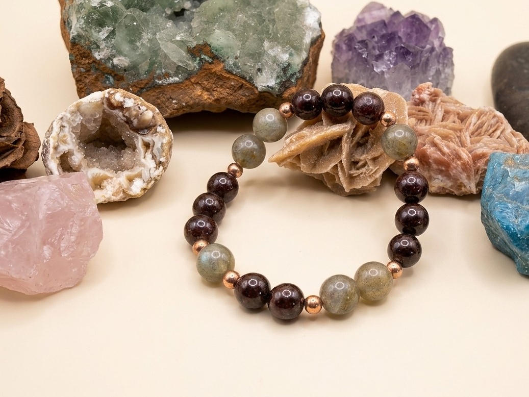 Bracciale in Labradorite e Granato – Perle naturali da 8 mm