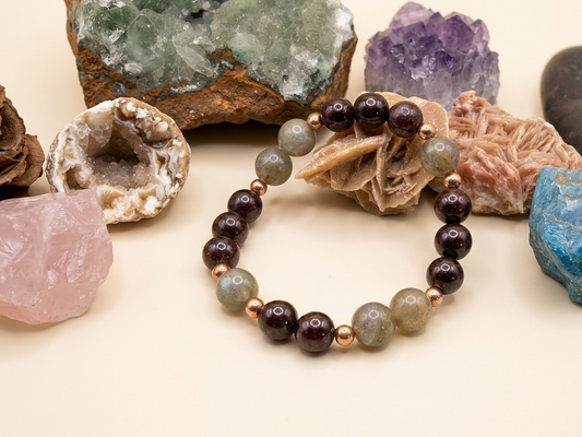Bracciale in Labradorite e Granato – Perle naturali da 8 mm