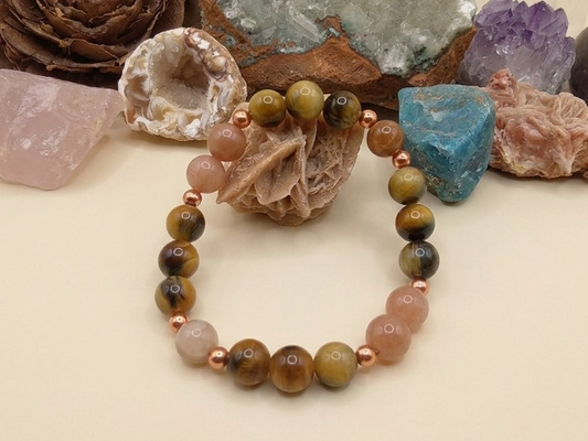 Bracciale in Occhio di Tigre blu e Pietra di Luna Pesca – Perle naturali da 8 mm