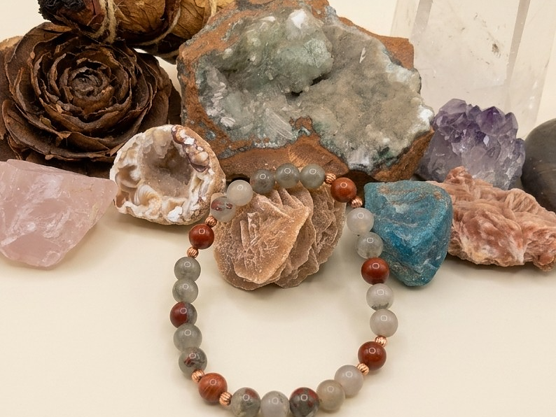 Bracciale in Eliotropio e Diaspro Rosso – Perle naturali da 6 mm