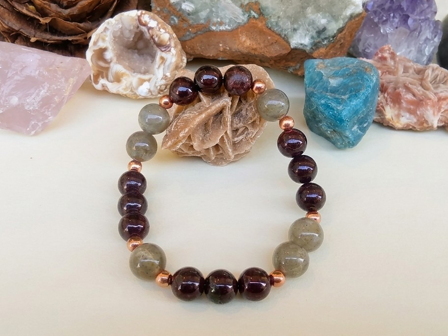Bracciale in Labradorite e Granato – Perle naturali da 8 mm