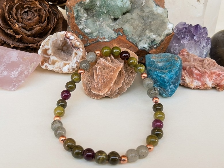 Bracciale in Diaspro Verde, Labradorite e Granato Almandino – Perle naturali da 6 mm
