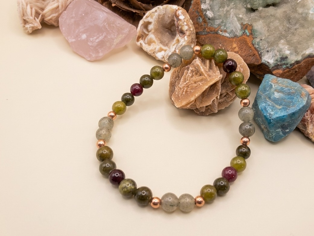Bracciale in Diaspro Verde, Labradorite e Granato Almandino – Perle naturali da 6 mm