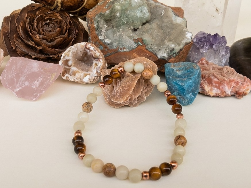 Bracciale in Amazzonite, Occhio di Tigre e Diaspro Paesaggio – Perle naturali da 6 mm