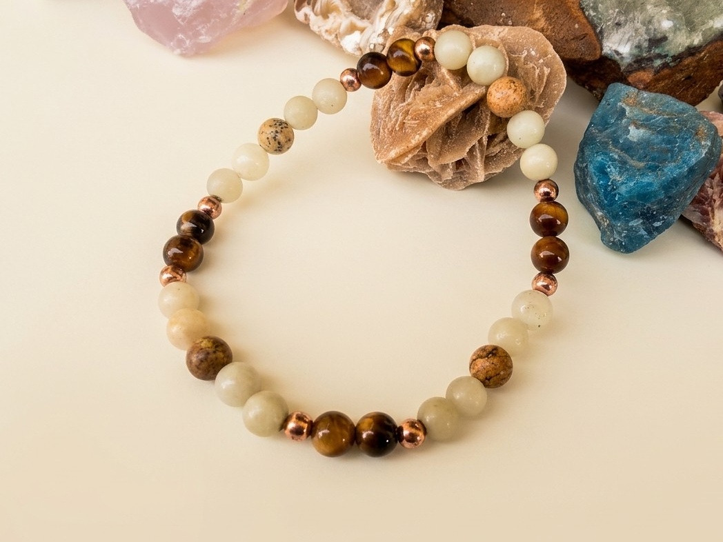 Bracciale in Amazzonite, Occhio di Tigre e Diaspro Paesaggio – Perle naturali da 6 mm