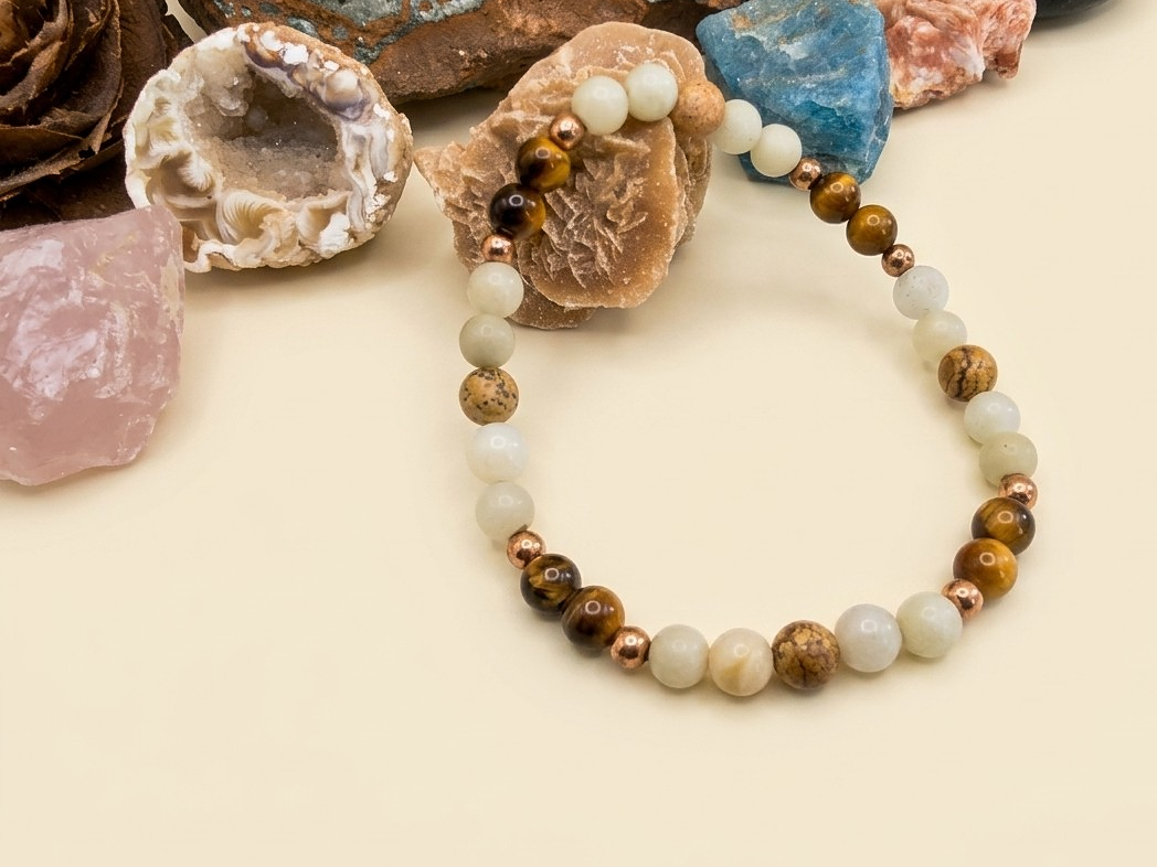 Bracciale in Amazzonite, Occhio di Tigre e Diaspro Paesaggio – Perle naturali da 6 mm