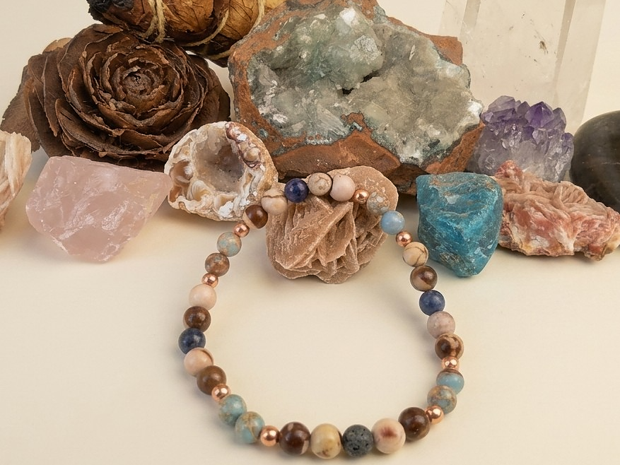 Bracciale in Diaspro Zebra Marrone, Dumortierite e Diaspro Imperiale – Perle naturali da 6 mm