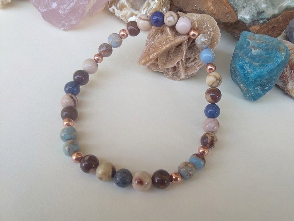 Bracciale in Diaspro Zebra Marrone, Dumortierite e Diaspro Imperiale – Perle naturali da 6 mm