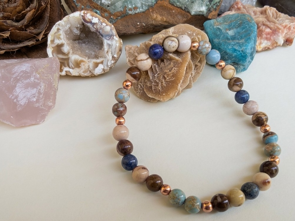 Bracciale in Diaspro Zebra Marrone, Dumortierite e Diaspro Imperiale – Perle naturali da 6 mm