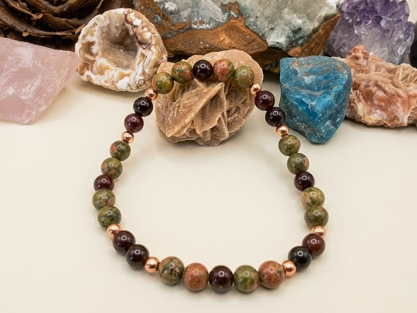 Bracciale in Unakite e Granato Almandino – Perle naturali da 6 mm
