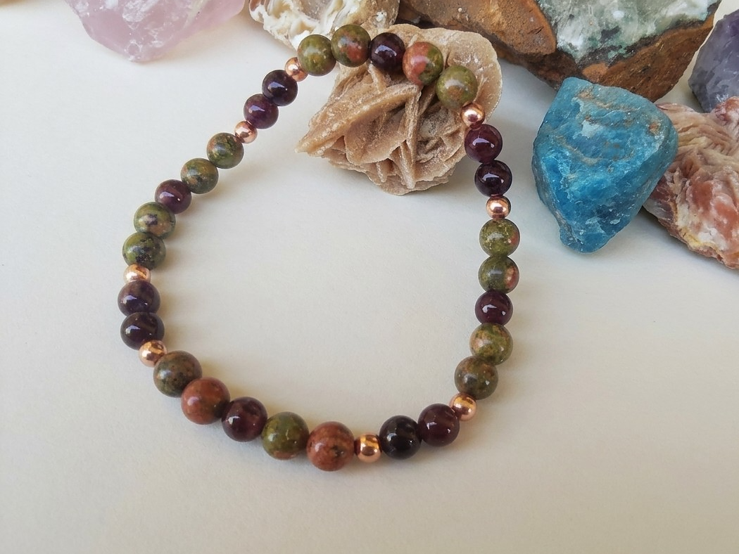 Bracciale in Unakite e Granato Almandino – Perle naturali da 6 mm