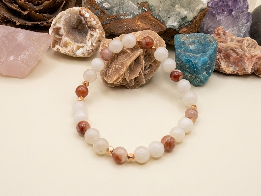 Bracciale in Labradorite Bianca e Quarzo Ematoide – Perle naturali da 6–7 mm