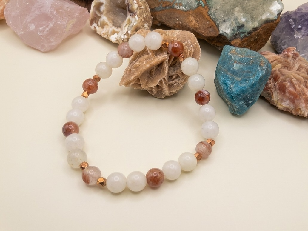 Bracciale in Labradorite Bianca e Quarzo Ematoide – Perle naturali da 6–7 mm