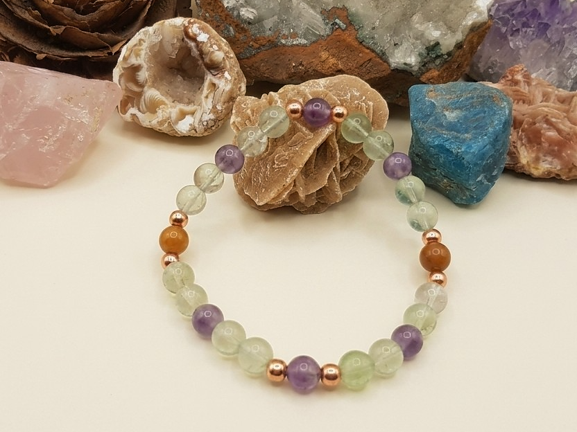 Bracciale in Fluorite, Ametista e Mookaite – Perle naturali da 6 mm