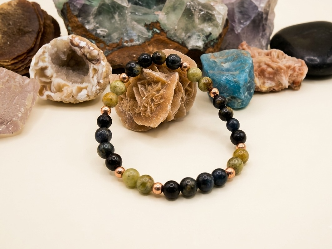 Bracciale in Occhio di Falco e Pietra Serpentina Nobile – Perle naturali da 6 mm