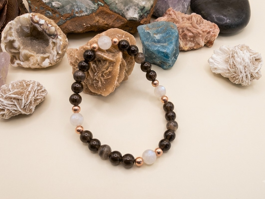 Bracciale in Ossidiana Dorata, Labradorite Bianca e Pietra di Luna Nera – Perle naturali da 6 mm