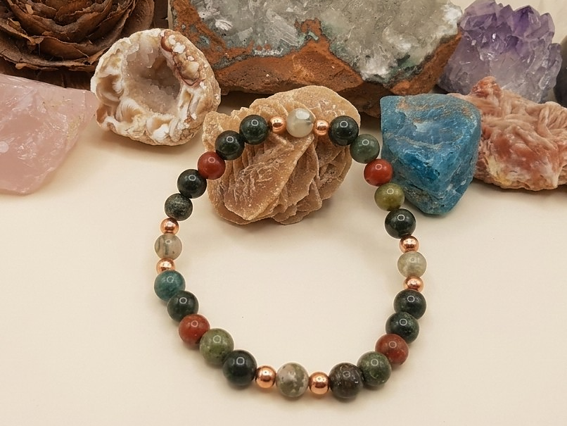 Bracciale in Agata Muschiata, Agata Albero e Diaspro Rosso – Perle naturali da 6 mm