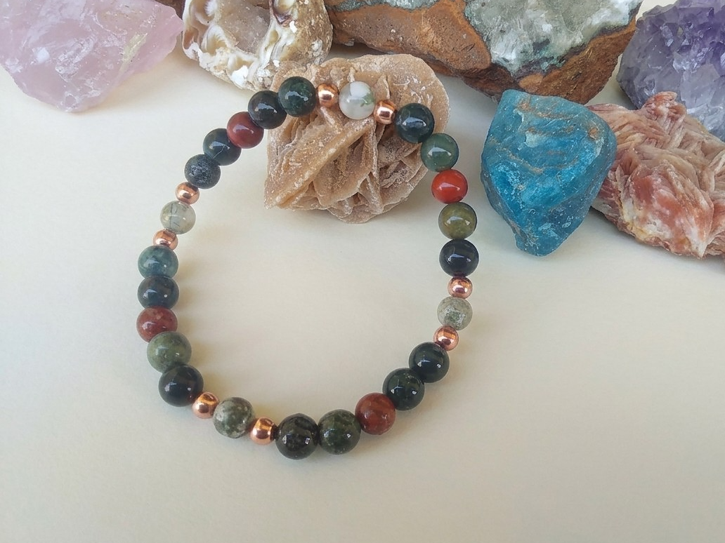 Bracciale in Agata Muschiata, Agata Albero e Diaspro Rosso – Perle naturali da 6 mm