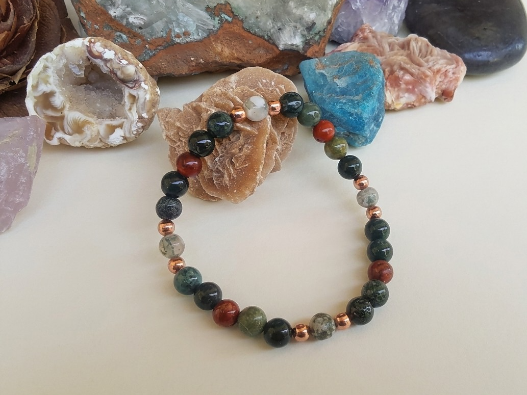 Bracciale in Agata Muschiata, Agata Albero e Diaspro Rosso – Perle naturali da 6 mm