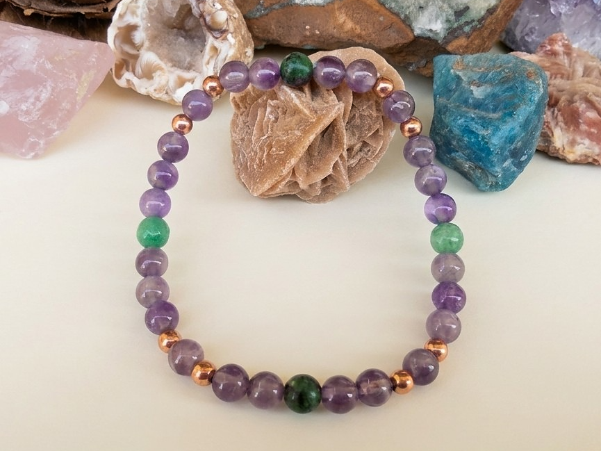Bracciale in Ametista, Ruby Zoisite e Nefrite – Perle naturali da 6 mm