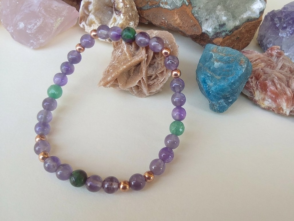 Bracciale in Ametista, Ruby Zoisite e Nefrite – Perle naturali da 6 mm